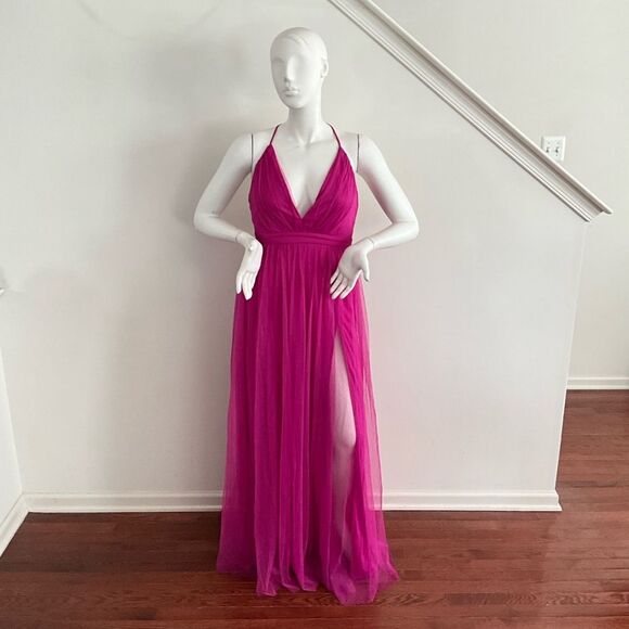 Maniju Magenta Formal Tulle Evening Gown Side Slit - Picture 2 of 12